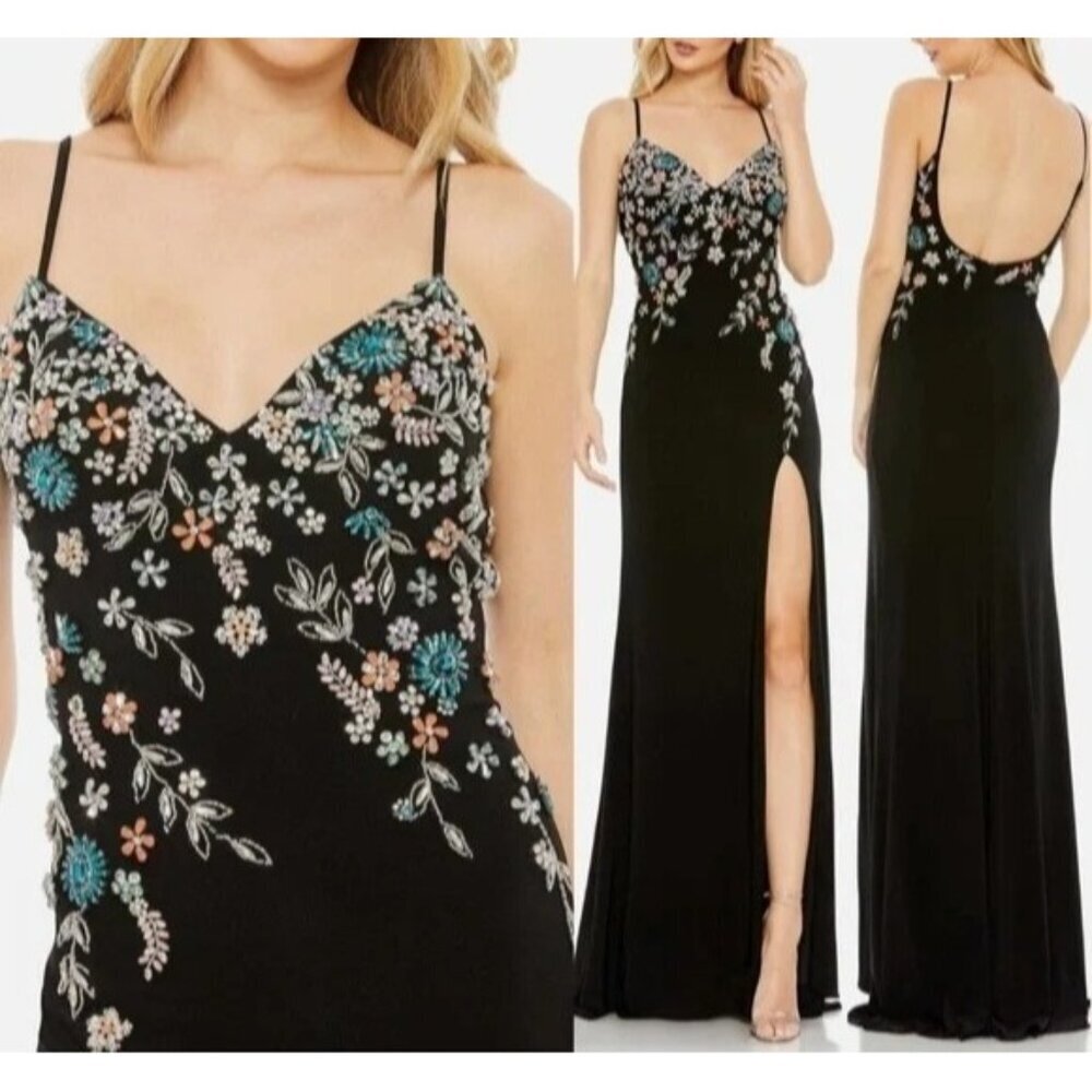 Mac Duggal 42006 Black Jersey Maxi Gown Stretch Floral Crystal Embellished Sz. 6